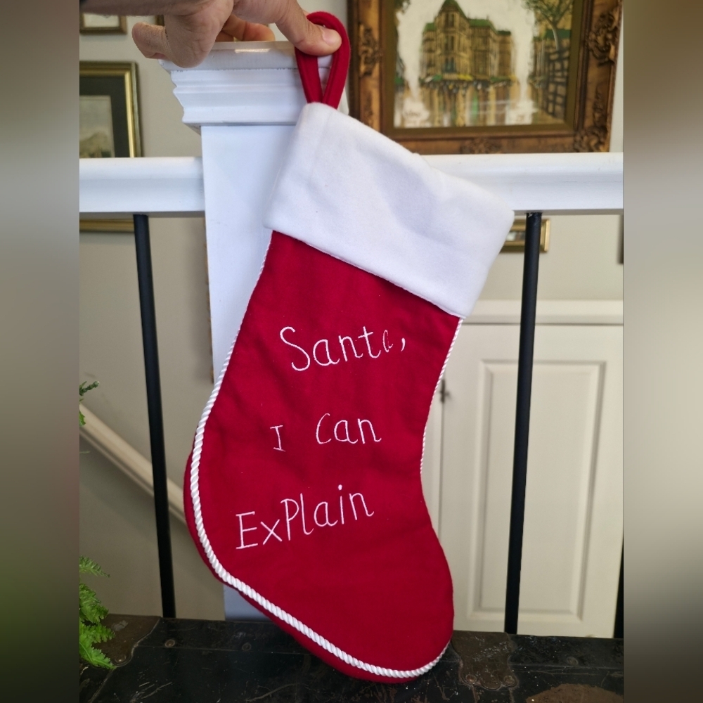 Santa, I Can Explain! Funny Red & White Christmas Stocking 16.5" Mantle Decor